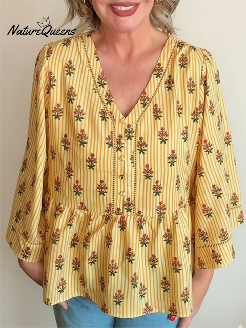 Women's Retro Striped Floral Print Trumpet Sleeve Top