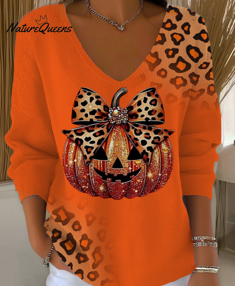 Women's Leopard Print Pumpkin V-Neck Sweater Top