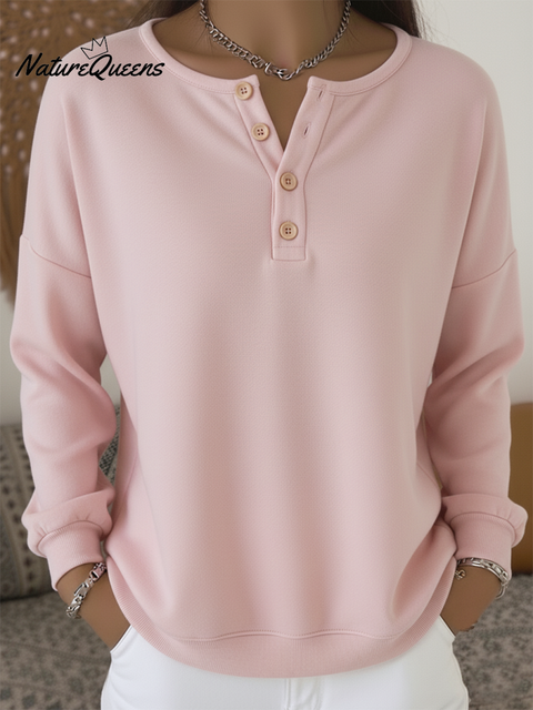Women's Casual Solid Color Button Henley Collar Cotton Sweatshirt