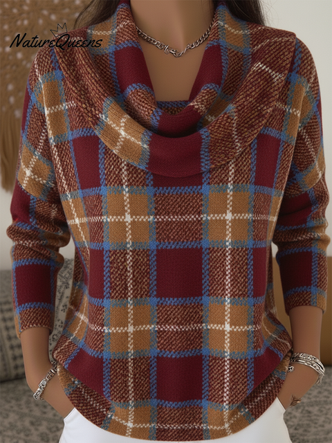 Retro Women's Red Check Cowl Neck Sweater Top
