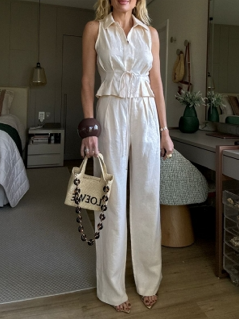 Pleated Lace-Up Top and Trousers Linen Suit