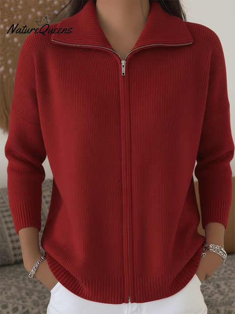 Women's Casual Solid Color POLO Zipper Cardigan Sweater