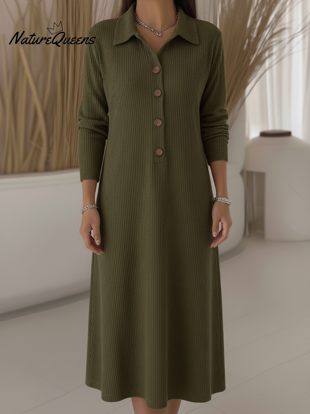 Women's Casual Polo Collar Button Corduroy Midi Dress