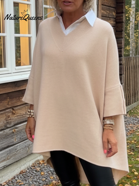 Women's Elegant Soft Fake Two-Piece V-Neck Sweater Top