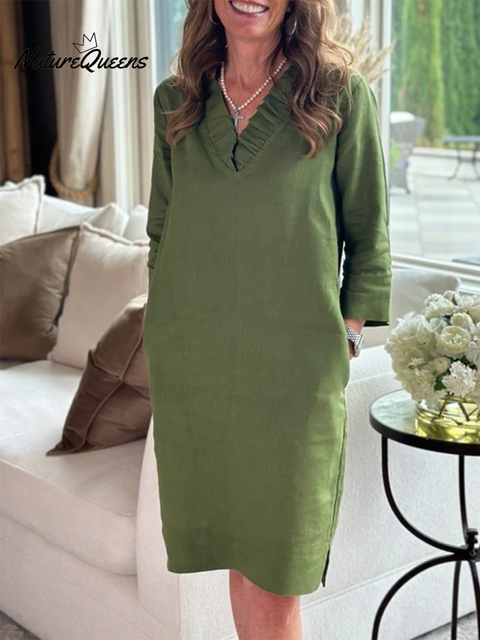Women's Solid Color Lace V-neck Linen Dress
