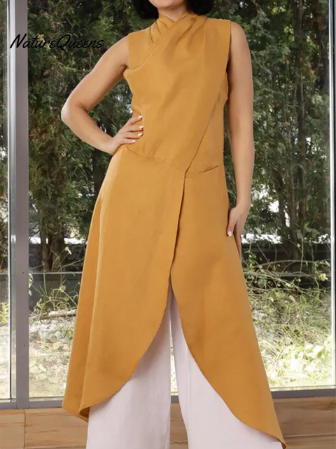 Futuristic Pleated Slit Cotton and Linen Top