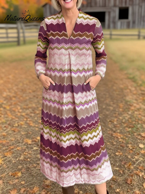 Women's Autumn Pleated V-Neck Herringbone Dress