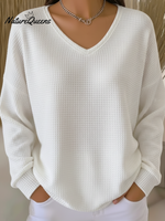 Women's Casual V-Neck Waffle Top Sweatshirt