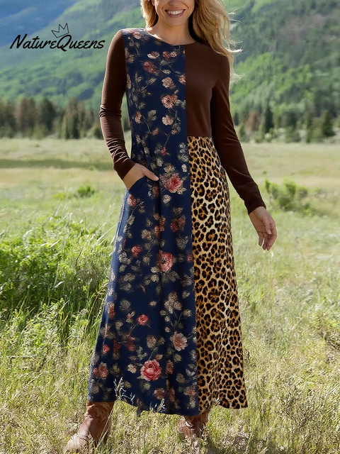 Women's Bohemian Floral Leopard Print Stretch Dress