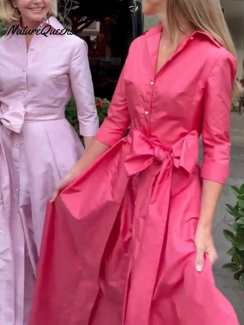 Women's Elegant Solid Color Lapel Bow Cotton Maxi Dress