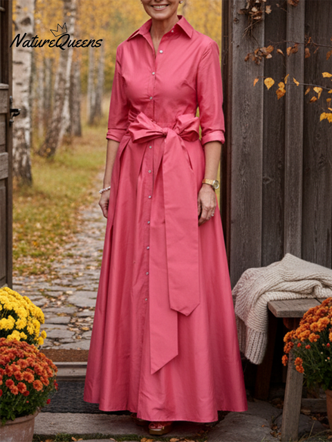 Women's Elegant Solid Color Lapel Bow Cotton Maxi Dress