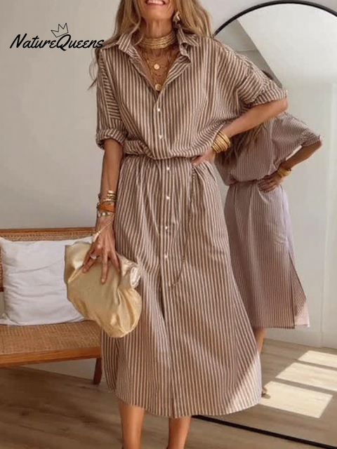Women's Casual Striped Cotton Shirt Dress with Belt