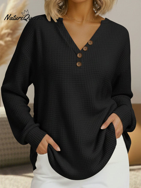 Casual V-neck Button-down Waffle Sweatshirt Top