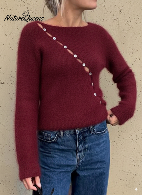Women's Boat Neck Slant Button Wool Top