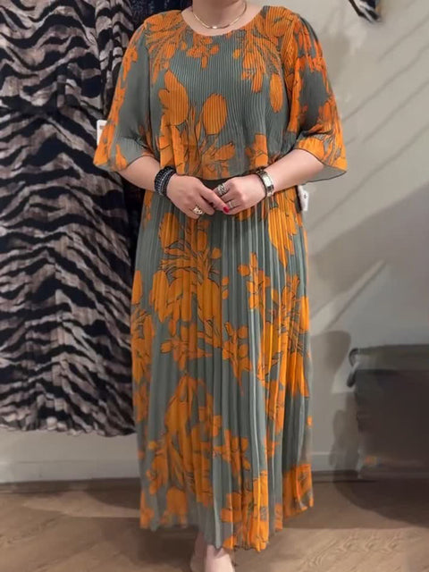 Women's Elegant Floral Print Pleated Loose Dress