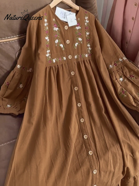 Floral Embroidered Button-Down Lantern Sleeve Cotton Dress
