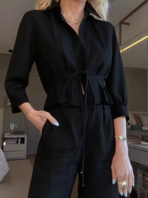 Pleated Lace-Up Top and Trousers Linen Suit