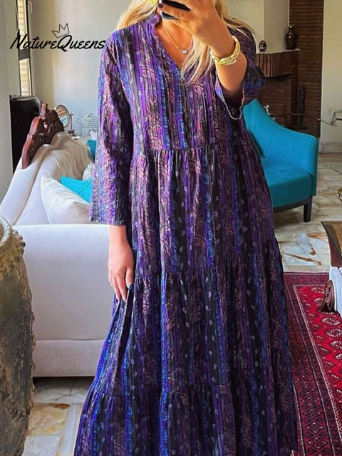 Pleated Floral Print Cotton and Linen Dress