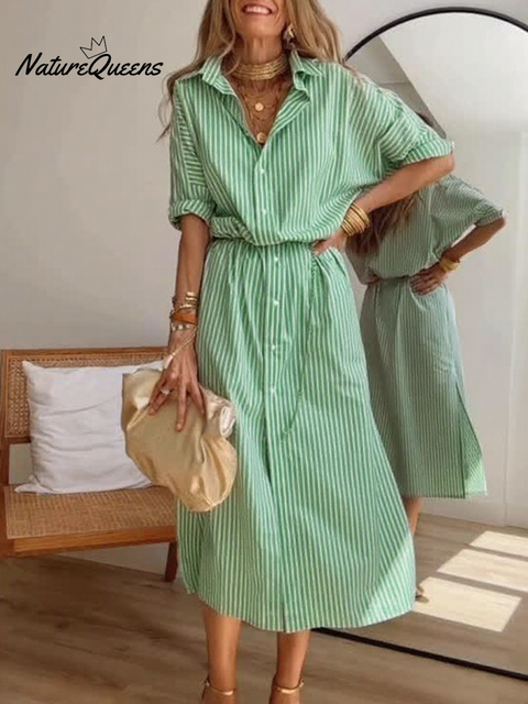 Women's Casual Striped Cotton Shirt Dress with Belt
