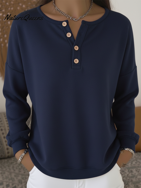 Women's Casual Solid Color Button Henley Collar Cotton Sweatshirt