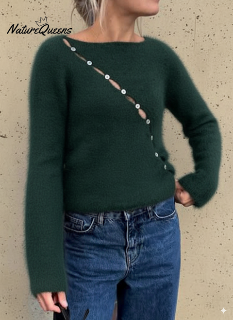 Women's Boat Neck Slant Button Wool Top
