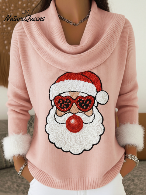 Christmas Fun Santa Claus Print Cowl Neck Sweater Top