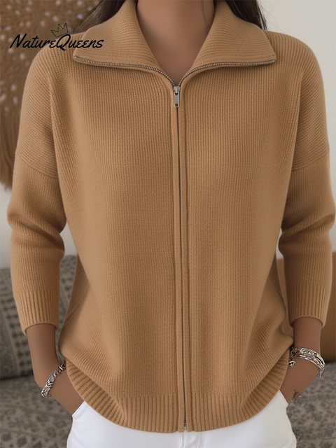 Women's Casual Solid Color POLO Zipper Cardigan Sweater