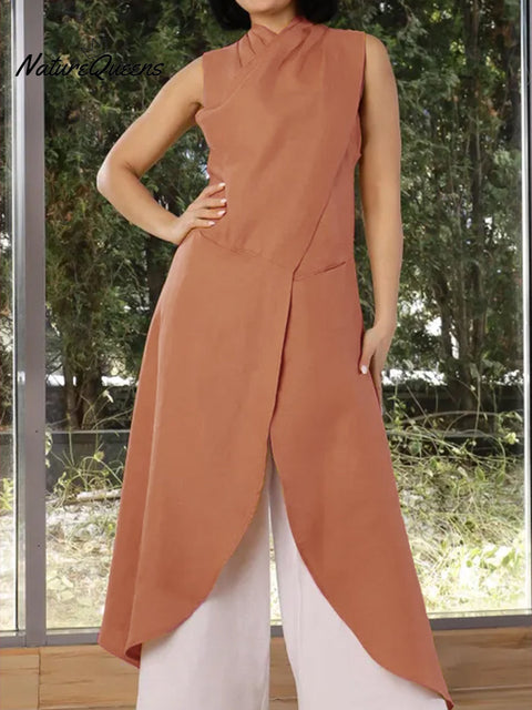 Futuristic Pleated Slit Cotton and Linen Top