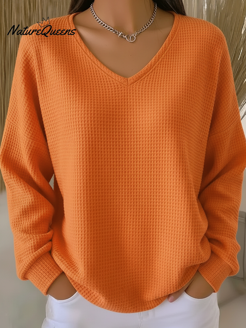 Women's Casual V-Neck Waffle Top Sweatshirt