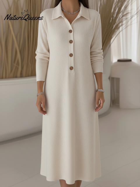 Women's Casual Polo Collar Button Corduroy Midi Dress