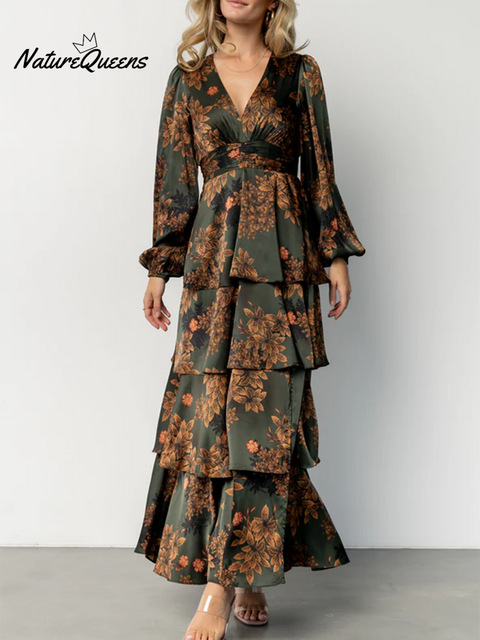Romantic Floral Print Multi-Layered Hem Dress