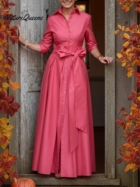 Women's Elegant Solid Color Lapel Bow Cotton Maxi Dress