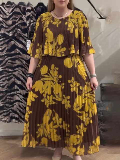 Women's Elegant Floral Print Pleated Loose Dress