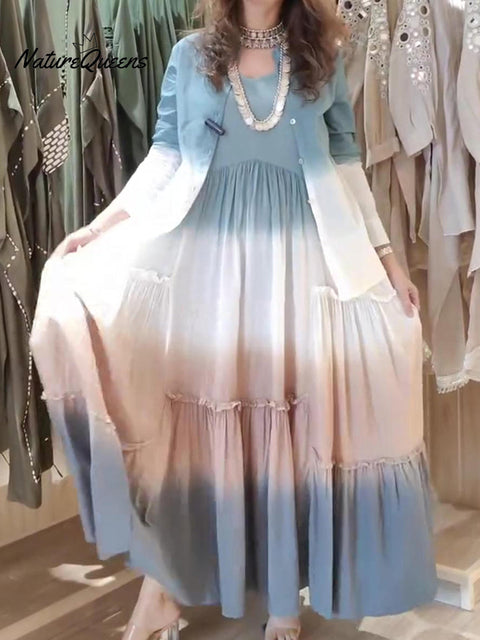 Women's Tie-dye Gradient Shirt Dress Two-piece Set