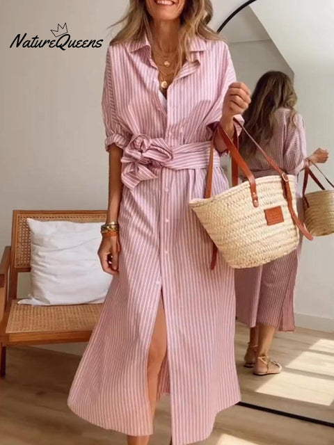 Women's Casual Striped Cotton Shirt Dress with Belt