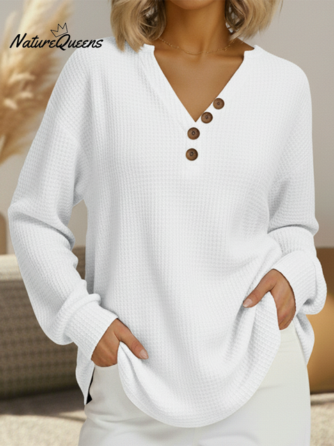 Casual V-neck Button-down Waffle Sweatshirt Top