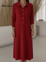 Women's Casual Polo Collar Button Corduroy Midi Dress