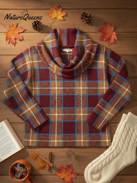 Retro Women's Red Check Cowl Neck Sweater Top