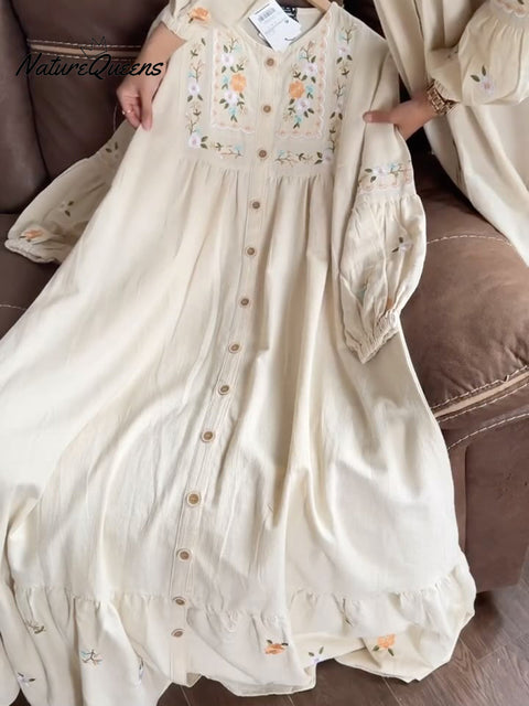 Floral Embroidered Button-Down Lantern Sleeve Cotton Dress