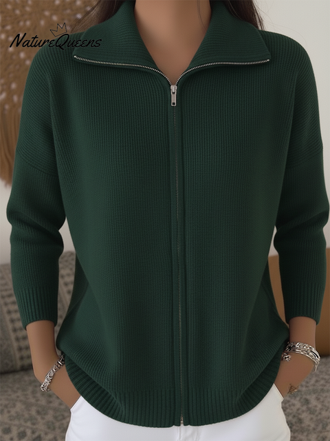 Women's Casual Solid Color POLO Zipper Cardigan Sweater