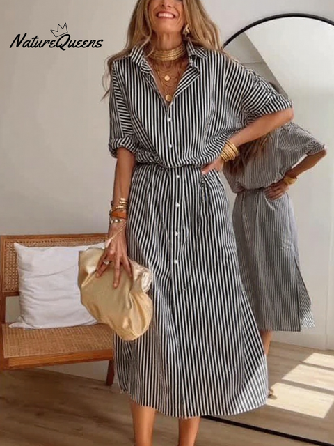 Women's Casual Striped Cotton Shirt Dress with Belt