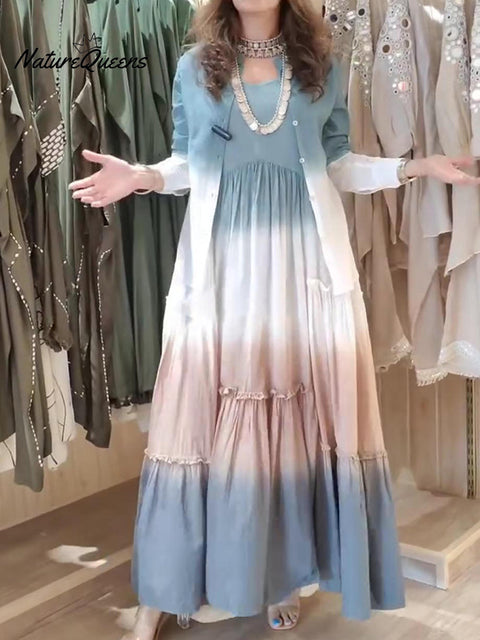 Women's Tie-dye Gradient Shirt Dress Two-piece Set
