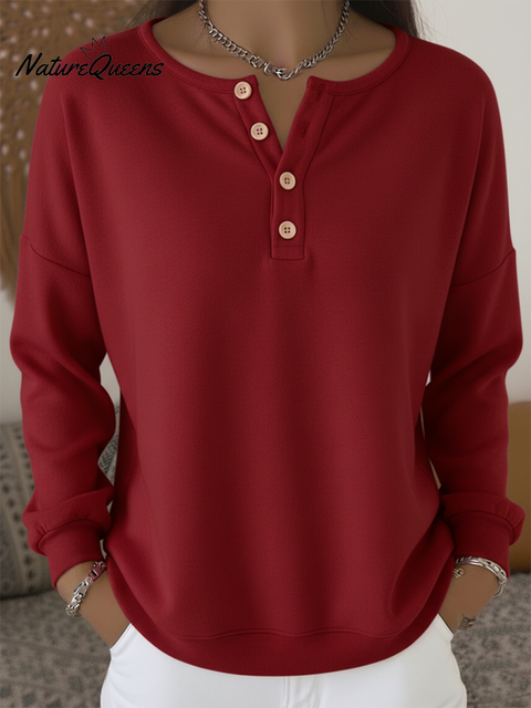 Women's Casual Solid Color Button Henley Collar Cotton Sweatshirt