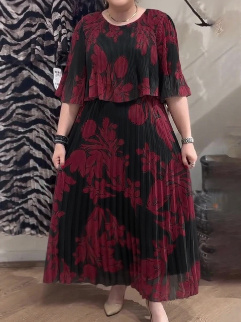 Women's Elegant Floral Print Pleated Loose Dress
