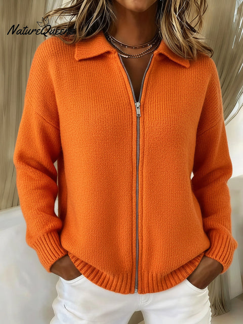 Casual Solid Color Polo Collar Zipper Sweater Cardigan