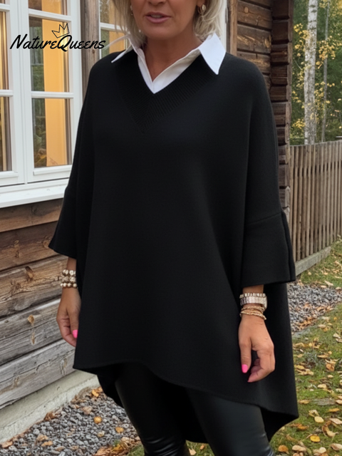 Women's Elegant Soft Fake Two-Piece V-Neck Sweater Top