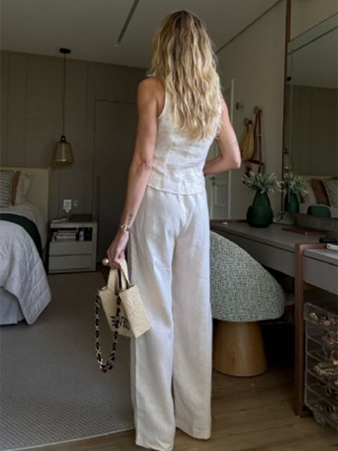 Pleated Lace-Up Top and Trousers Linen Suit