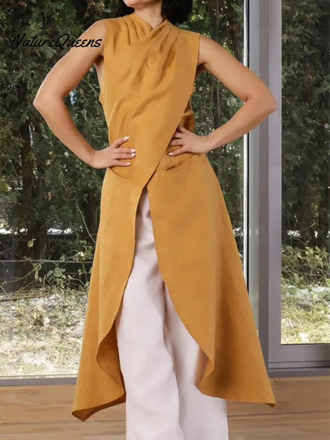 Futuristic Pleated Slit Cotton and Linen Top