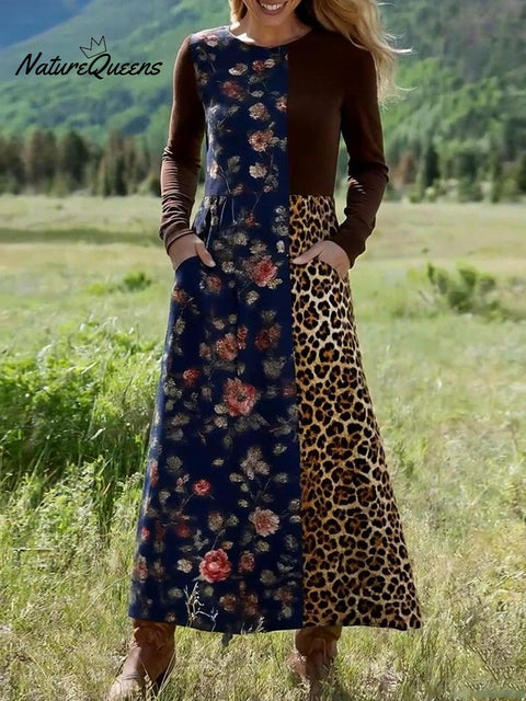 Women's Bohemian Floral Leopard Print Stretch Dress