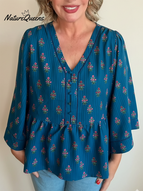 Women's Retro Striped Floral Print Trumpet Sleeve Top